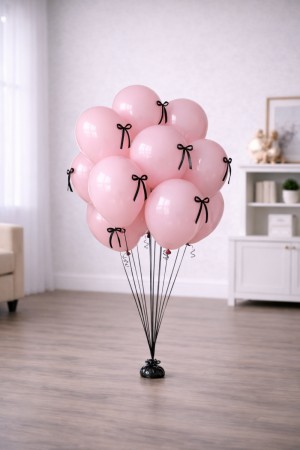 Ballongbukett rosa med svarte sløyfer 12 stk